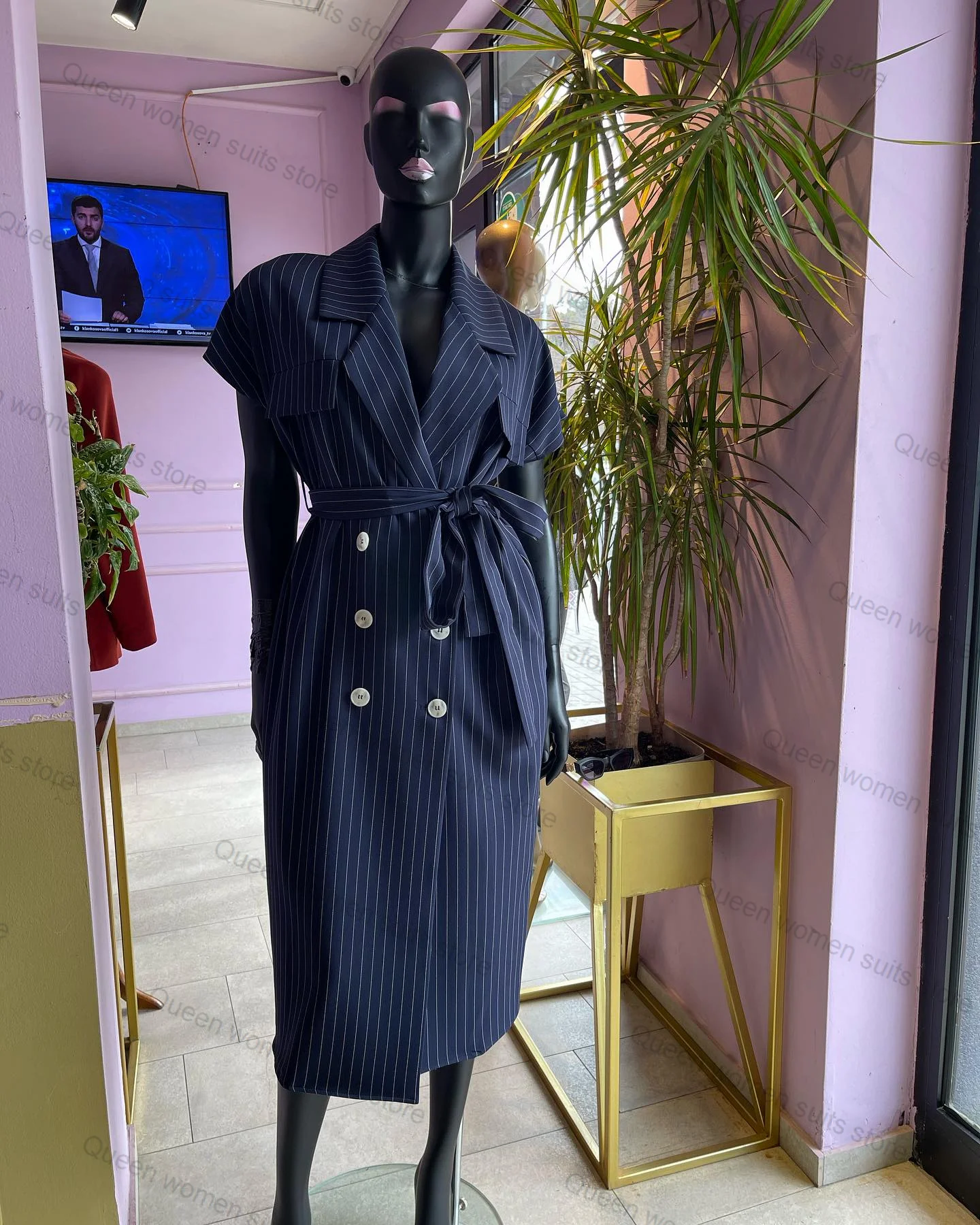 Traje azul marino para mujer, Blazer largo de manga corta, chaqueta Formal de oficina, vestido de graduación, abrigo con cinturón, hecho a medida, 1 pieza