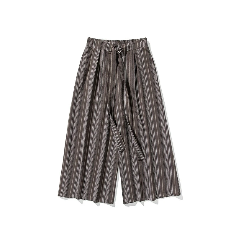 سروال مخطط للرجال من القطن والكتان مريح للتنفس بنطال واسع الساق كيمونو ياباني الساموراي سراويل أنيقة فضفاضة غير رسمية للرجال