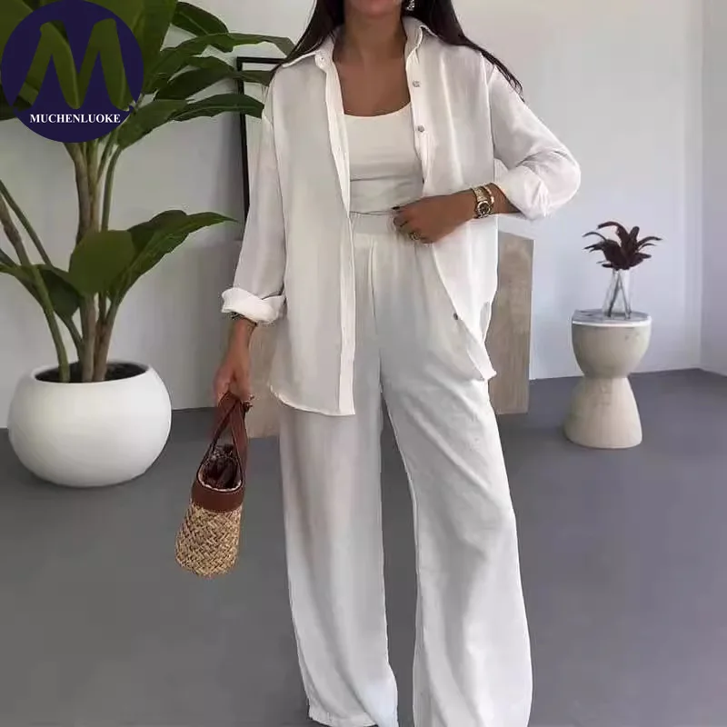 

2 Pieces Set for Woman Summer New Versatile Long Sleeved Lapel Shirt Tops Suits Fashionable Casual Loose Wide Leg Pants Sets