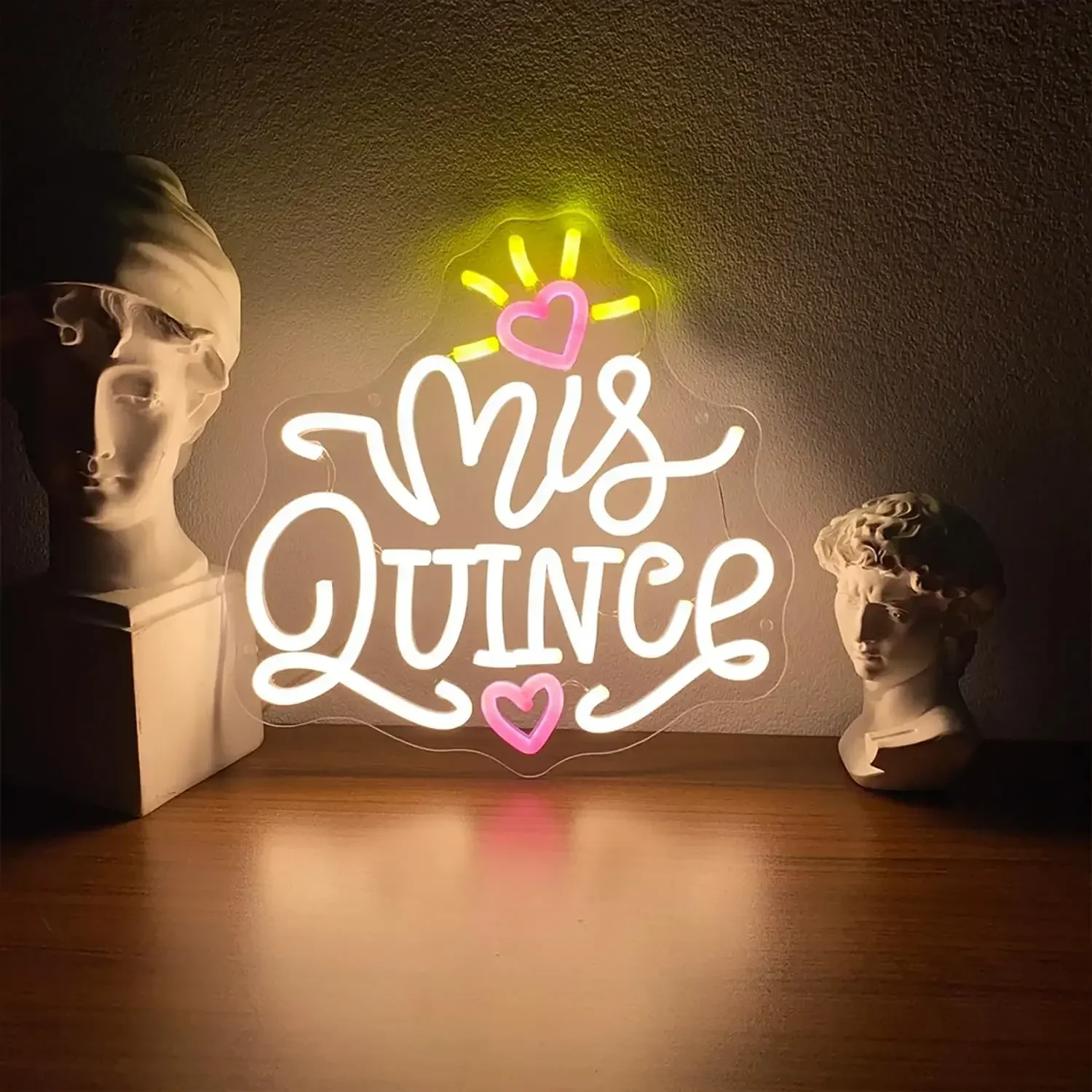 Mis Quince Neon Sign Pink Heart Crown LED Wall Art Acrylic USB Powered Dimmable Light Decor for Quinceanera Party Bedroom