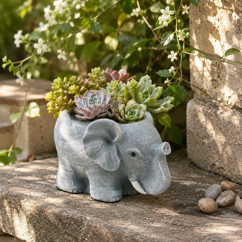 Grey Elephant Sculpture Figurine Cement Textured Small Plant Pot For Fence Lawn Garden Windowsill Tabletop Decor Accent New 2026