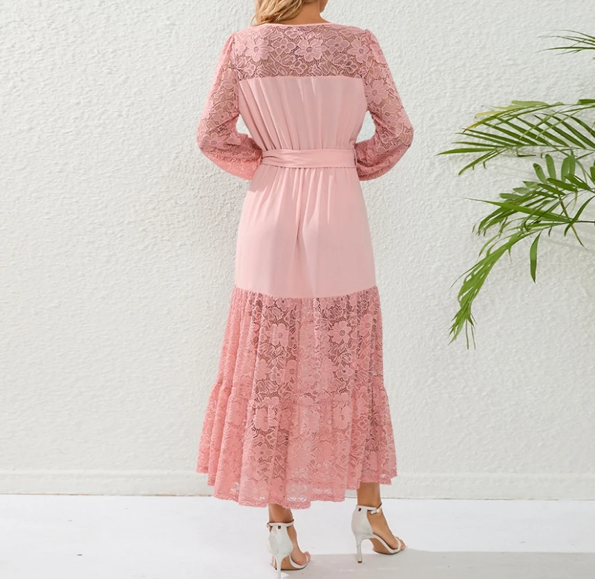 Sukienka damska Sexy Elegant Sheer Contrast Lace Patchwork Round Neck Long Sleeve High Waist Belt Slim Fit A-line Maxi Dress