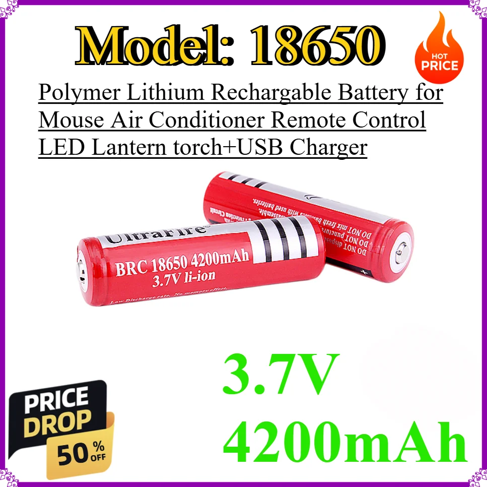18650 3.7V 4200mAh Polymer Lithium Rechargable Battery for Mouse Air Conditioner Remote Control LED Lantern torch+USB Charger