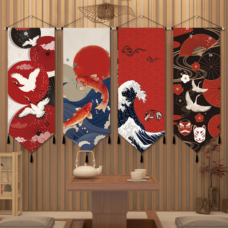 

Japanese Fabric Art Tapestry Sushi BBQ Snack Restaurant Porch Decoration Flag Hanging Wall Background Cloth Hanging Painting