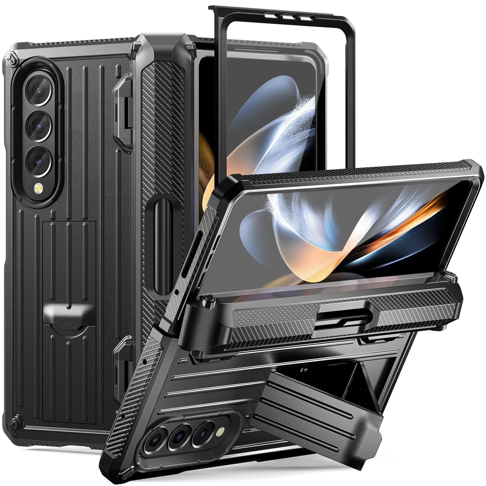For Samsung Galaxy Z Fold 5 4 3 5 Case  Trunk Texture Hard PC Shockproof Cover with S Pen Holder Soft Screen Protector Kickstand