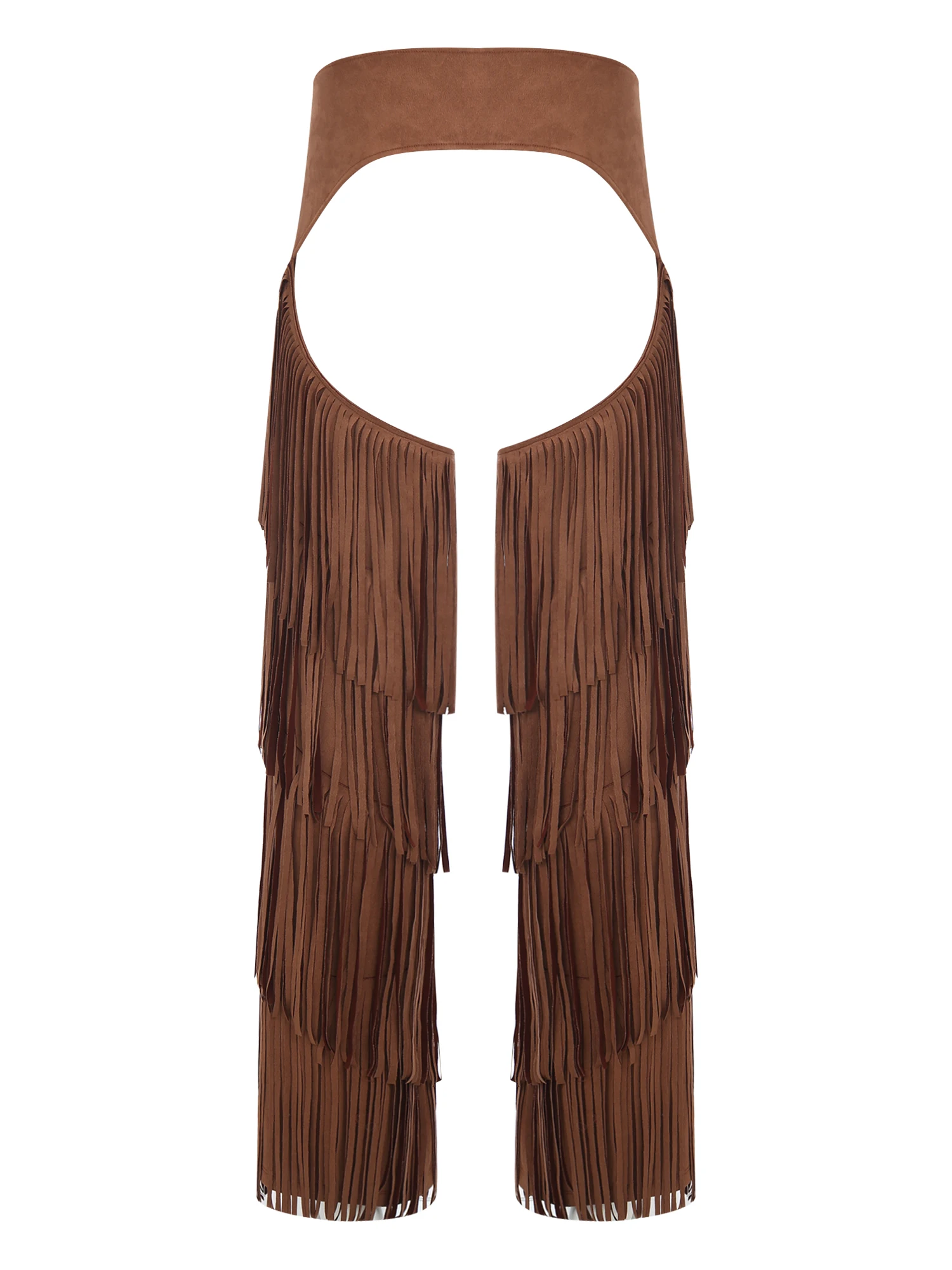 Adult Western Cowboy Cowgirl Costume Adjustable Buckle Open Crotch Fringe Retro Chaps Pants for Halloween Carnival Raves Club