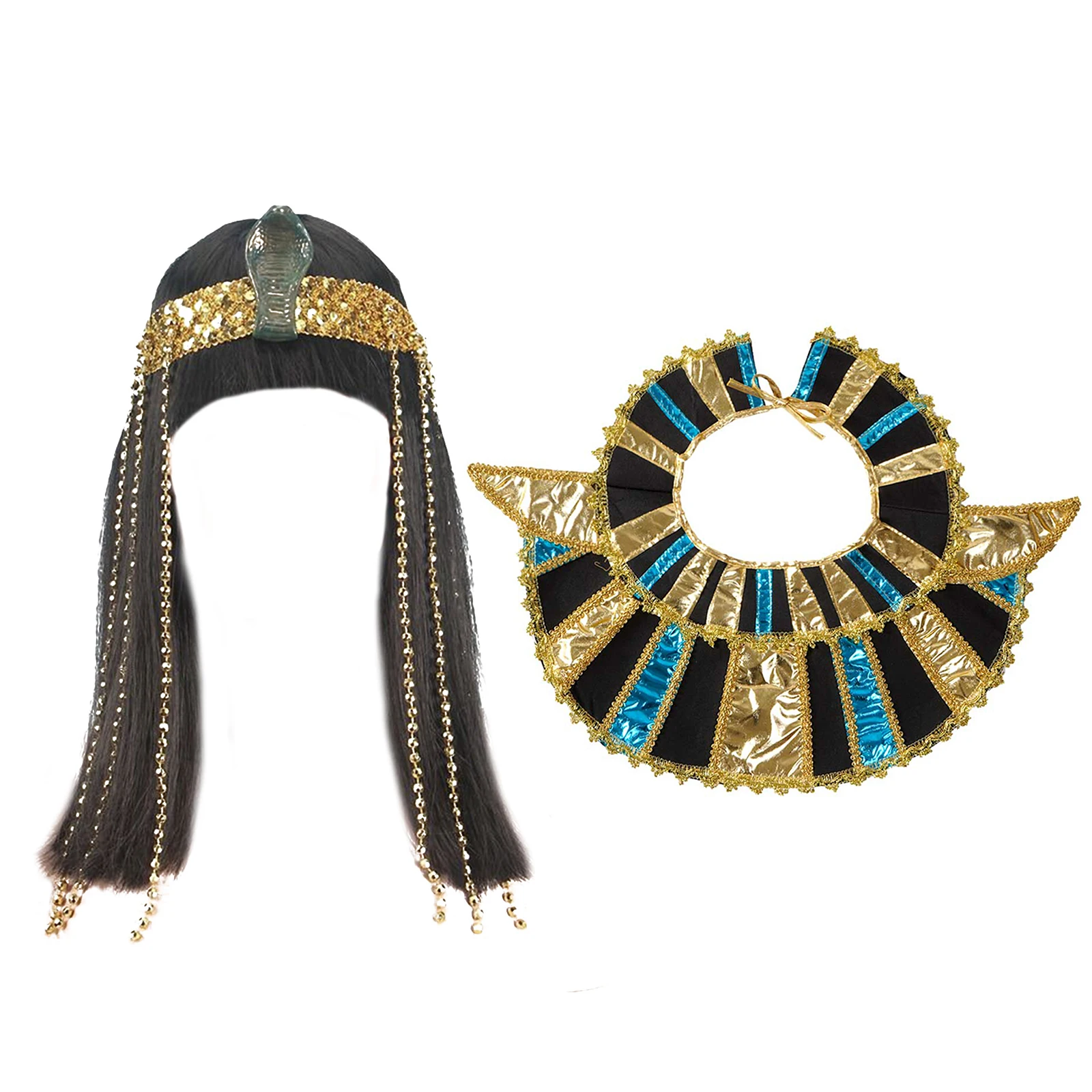 

Cleopatra Egyptian Queen Wig Cosplay Accessories Plastic Beads Fringe Snake Headband Blunt Bangs Straight Hair Wig Neck Collar