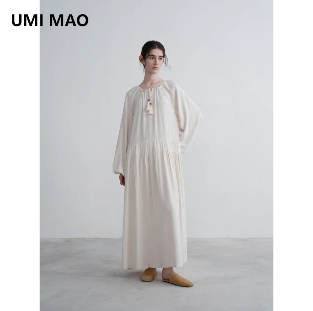 

UMI MAO Cotton Drawstring Long Dress Women Spring And Autumn Women's Loose French Retro Romantic Dress Femme Y2K