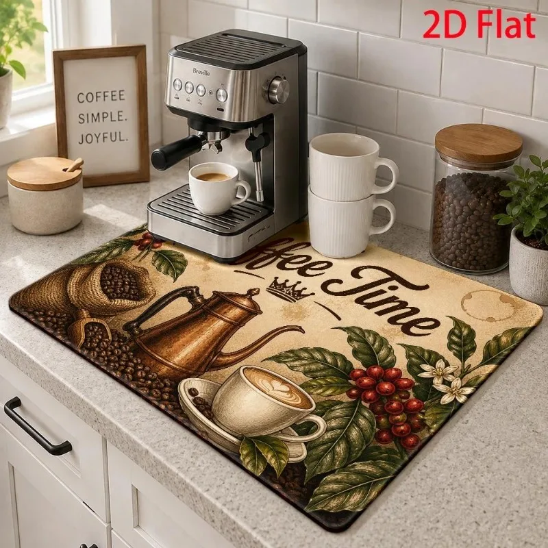 Dish Drying Mat 2D Flat Coffee Time Sign Cushion Super Absorbent Espresso Maker Placement Pad Kitchen Countertop Rug