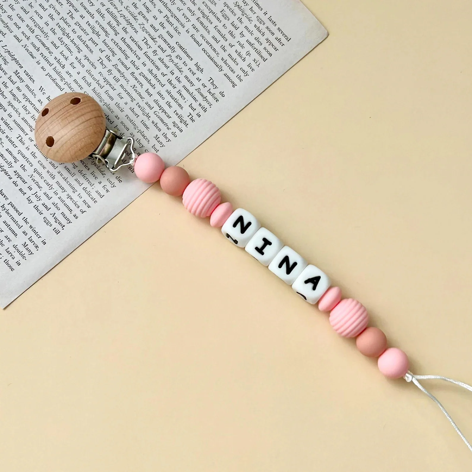 Beech Wood Pacifier Clip with Custom Name Silicone Teether Chain Anti-lost Soother Holder for Newborn Baby Girl Boy Shower Gift image 3