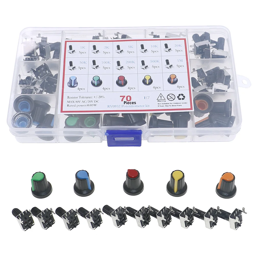 70Pcs 10Value 3Pin RV09 Type Horizontal Potentiometer Kit 1K 2K 5K 10K 20K 50K 100K 200K 500K 1M with Knobs