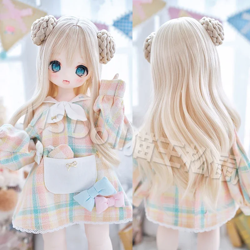 Thin Bangs Long Curly Hair with Double Buns Doll Wig Cute 1/3 1/4 MDD BJD Wig High Temperature Silk Material Doll Accessories