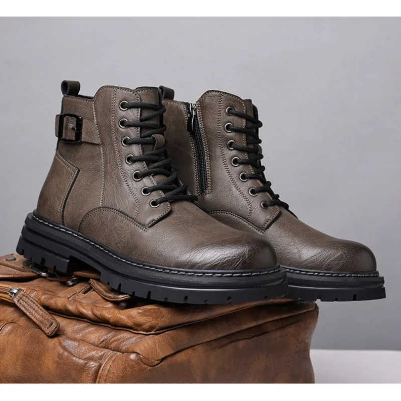 Autumn Winter Leather Platform Boots for Men Fashion Soft-soled Warm Casual Men Work Shoes New Designer Lace Ankle Boots Male image 5