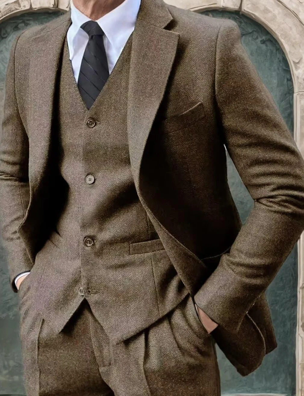 

Premium Men's Suits 3 Piece Jacket Vest Pants Brown Wedding Tweed Herringbone Retro Vintage Tailored Fit Single Breasted Tuxedo