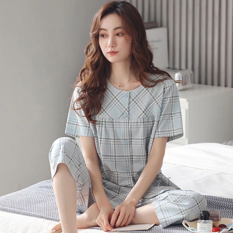 Women Sleepwear Suit Summer Full Cotton Short Sleeve Pajamas Set Loose Adult Mother Sleepwear Set Soft Home Wear