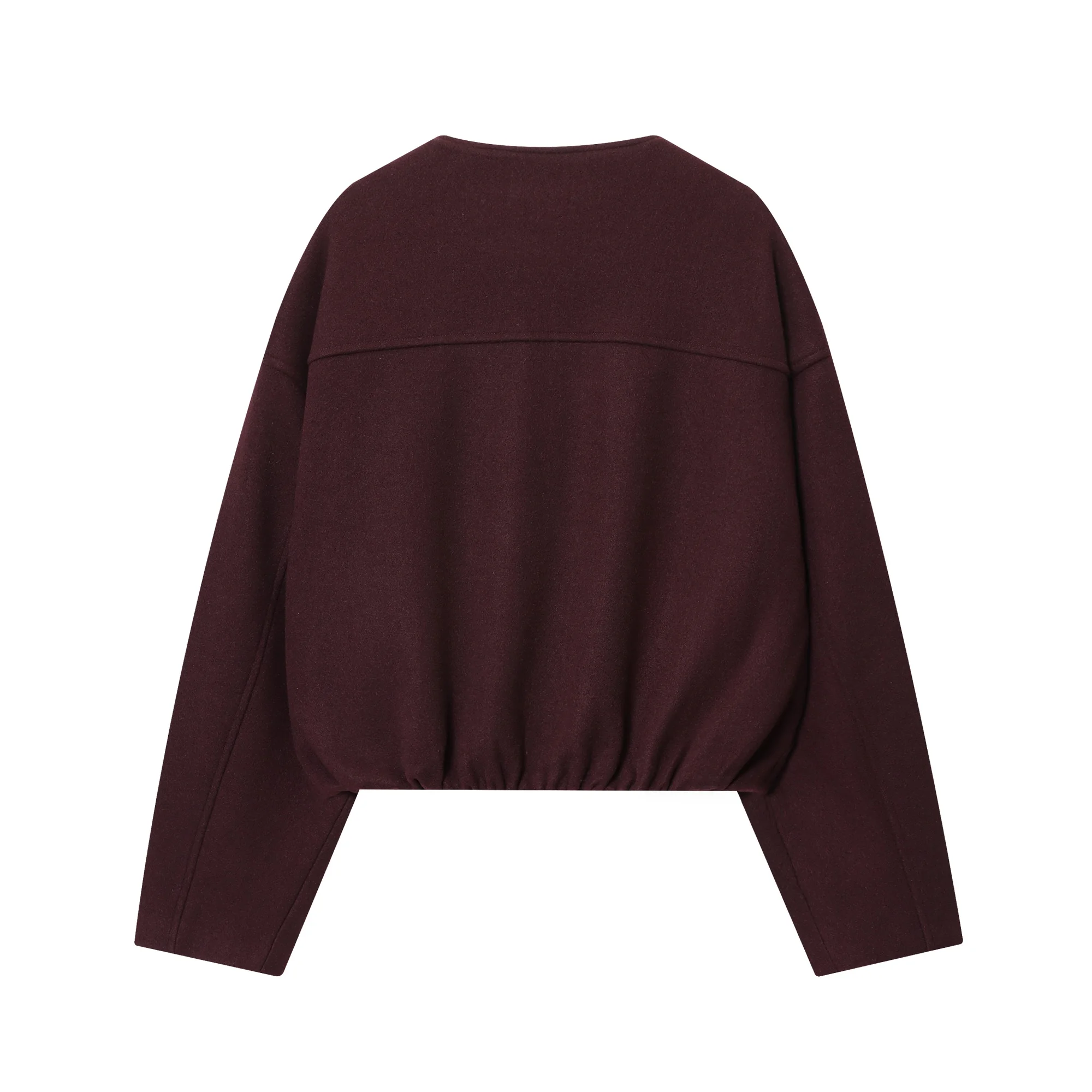 เสื้อแจ็คเก็ตผู้หญิงสีพื้น คอทรงโอ แขนสั้น แบบใหม่สำหรับฤดูใบไม้ร่วงและฤดูหนาว พร้อมกระดุมสีทอง เนื้อผ้าขนสัตว์ ชายเสื้อยืดหยุ่น ดีไซน์เก๋ไก๋