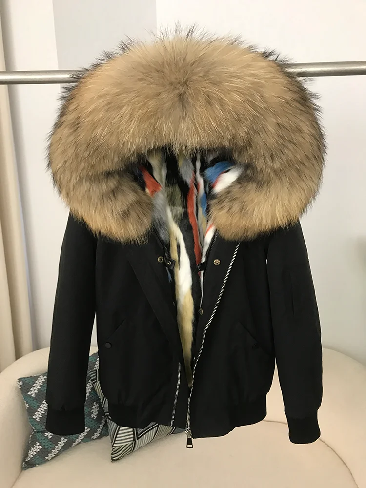 2025 Winter Natural Fur Coat Jacket Women Bomber Parka Real Raccoon Fur Collar Hooded Thick Warm Streetwear Outerwear