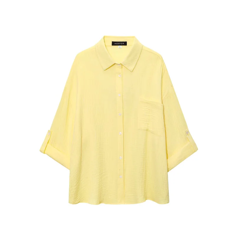 

Women's Shirt New Summer 2025 Yellow Rollable Long Sleeve Cotton and Linen Gauze Shirt Casual and Lazy Personality and Fashion