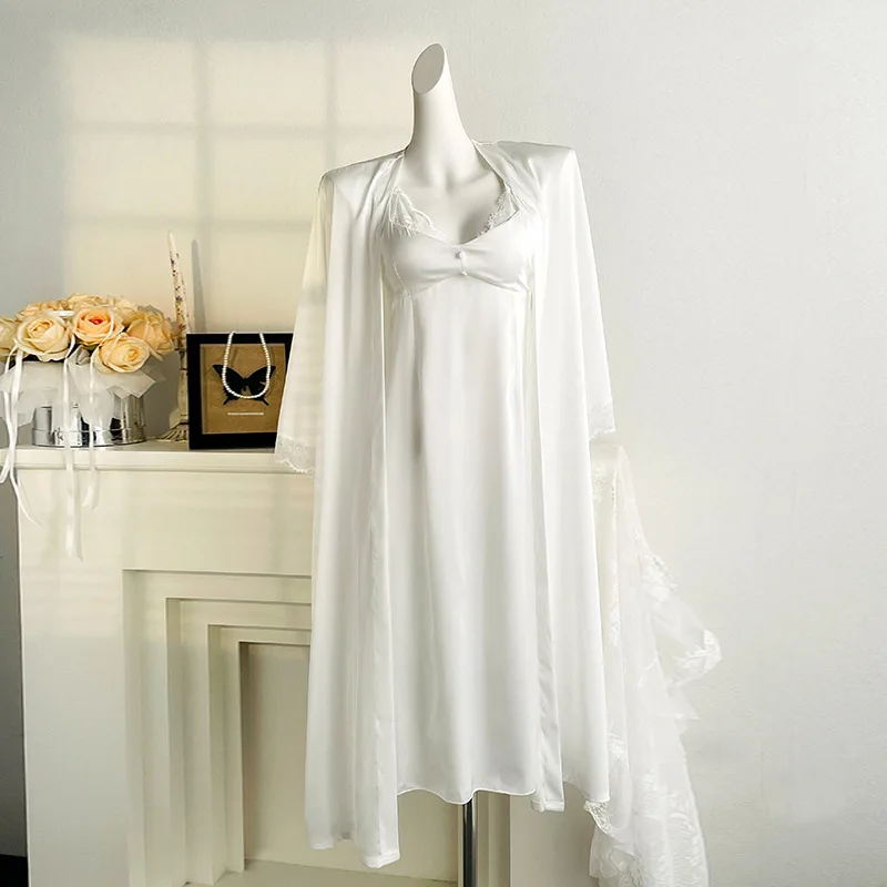 

Elegant Satin Female Robe Nightgown Sexy Lace Trim Nightdress Spring Summer Sleepwear Homewear Loose Loungewear