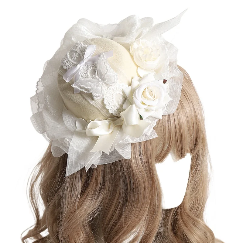 

Лолита японский элегантный цилиндр ручной работы роза поколения белые свадебные черные аксессуары Лолита