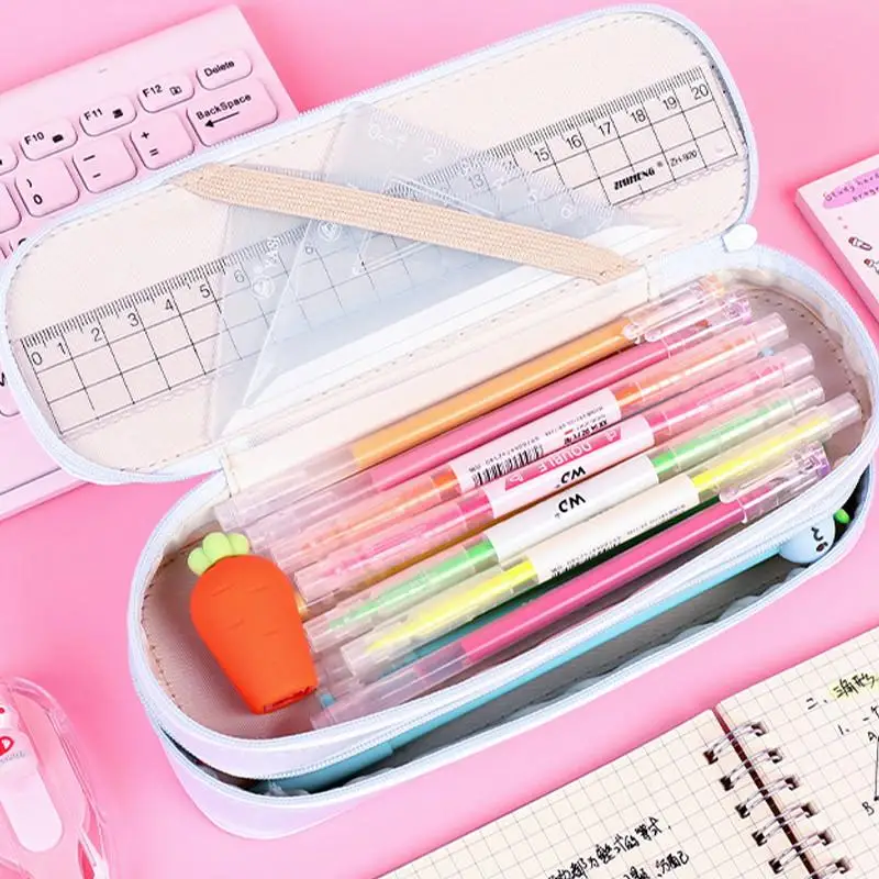 @*Cute Cartoon Pencil Case Double Layer Large Capacity Lovely Printed Roomy Stationery Bag for Elementary Students