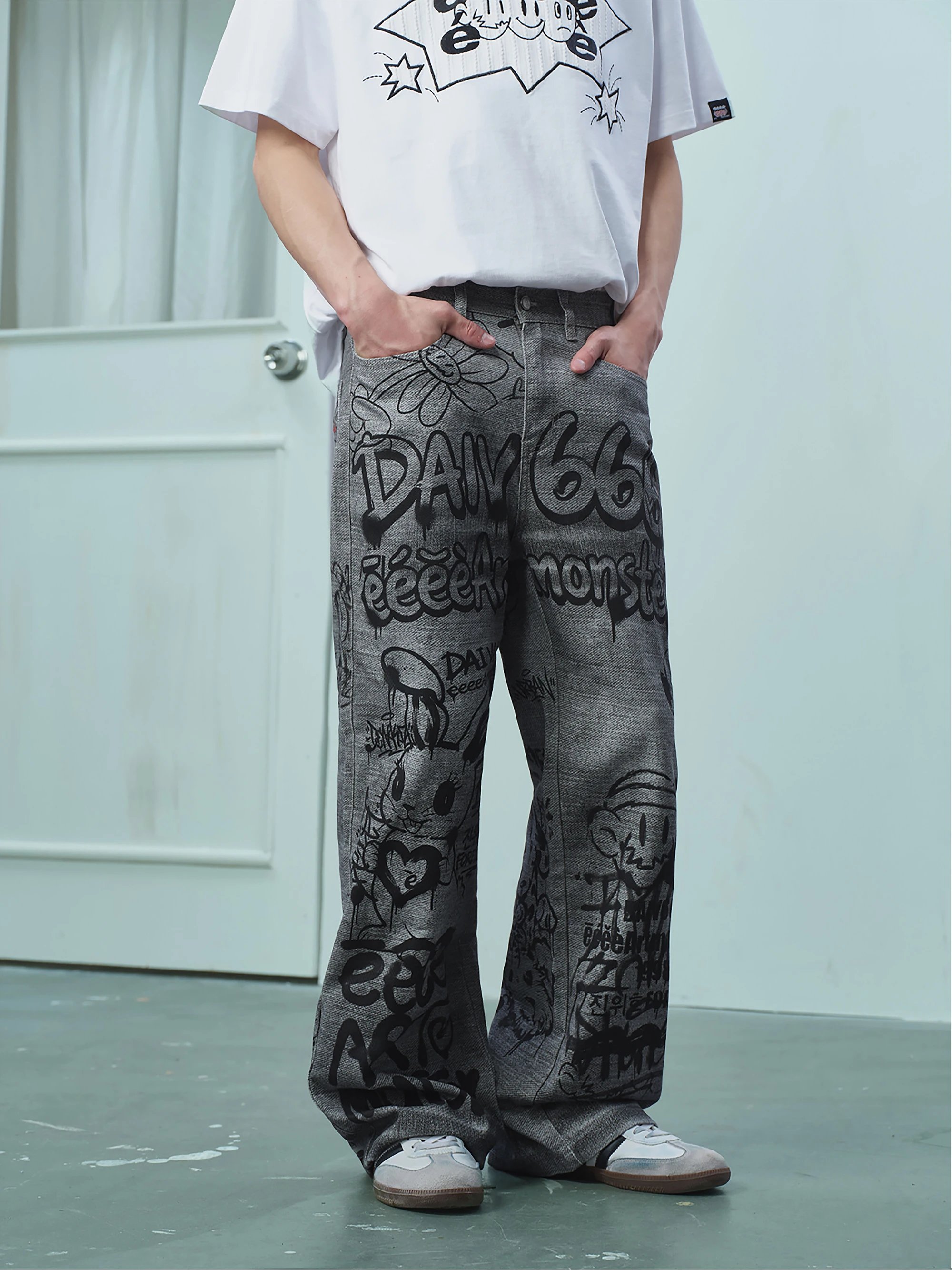 Street Style Loose Fit Digital Hand-Painted Print Straight Leg Casual Pants for Young Men Everyday Wear Comfortable Cotton