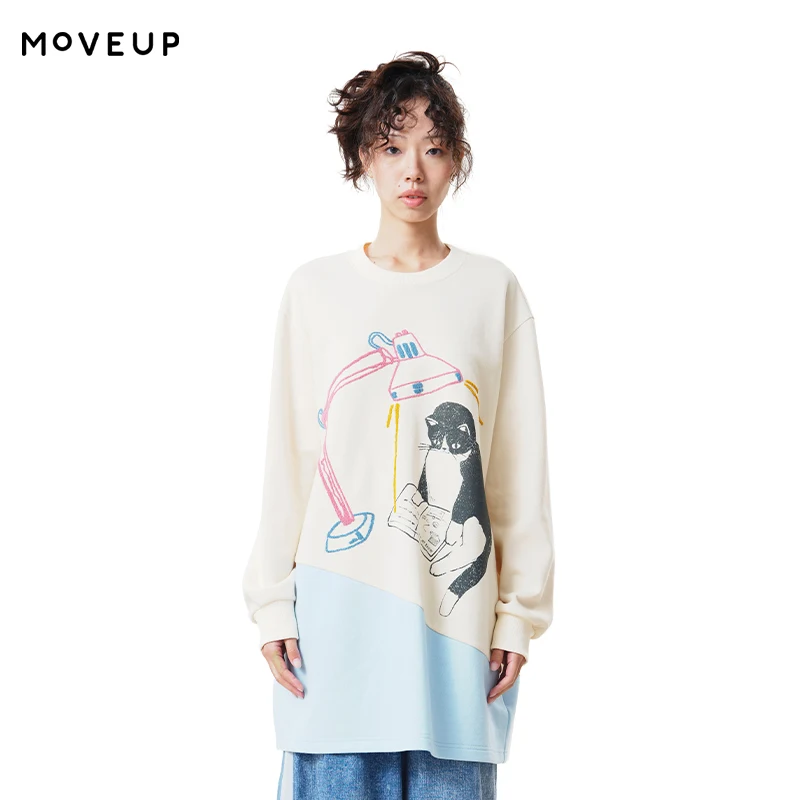 MOVEUP Women's O-Neck Mid-Length Sweatshirt 2026 Autumn Cat Print Embroidery Sweatshirts Hem Color Block Splicing Top 3ELQ11401