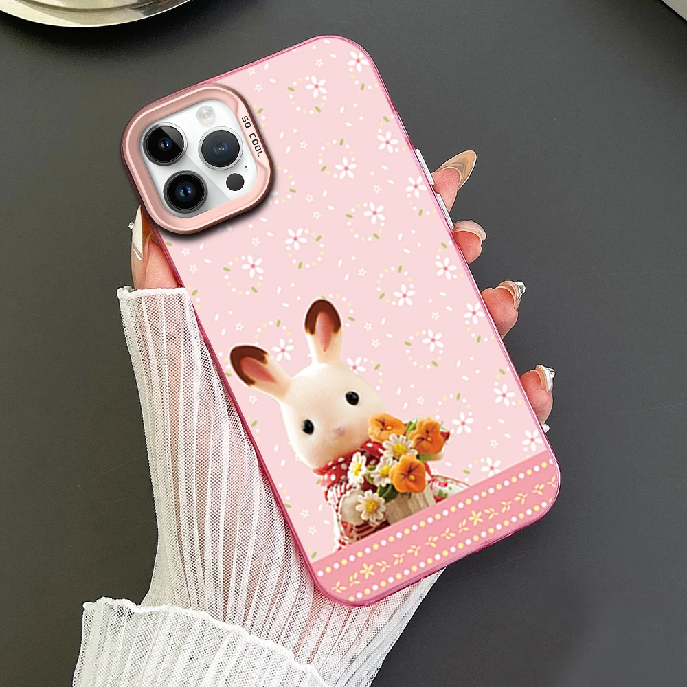 Cute S-Sylvanian Families Phone Case For iPhone 16 12 13 14 15 Pro Max Plus Color Electroplated Silver IMD Laser Shell