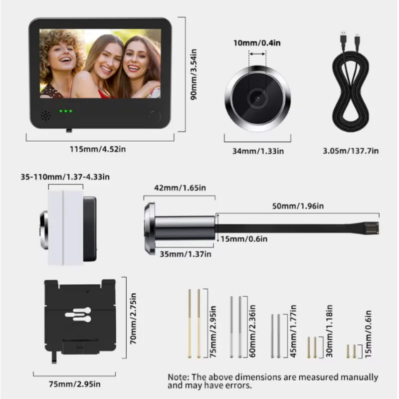 Danmini 4.3inch 2K Smart Life WiFi Peephole Camera 3MP IPS Screen Tuya Human Detection Home Security Door Video Eye
