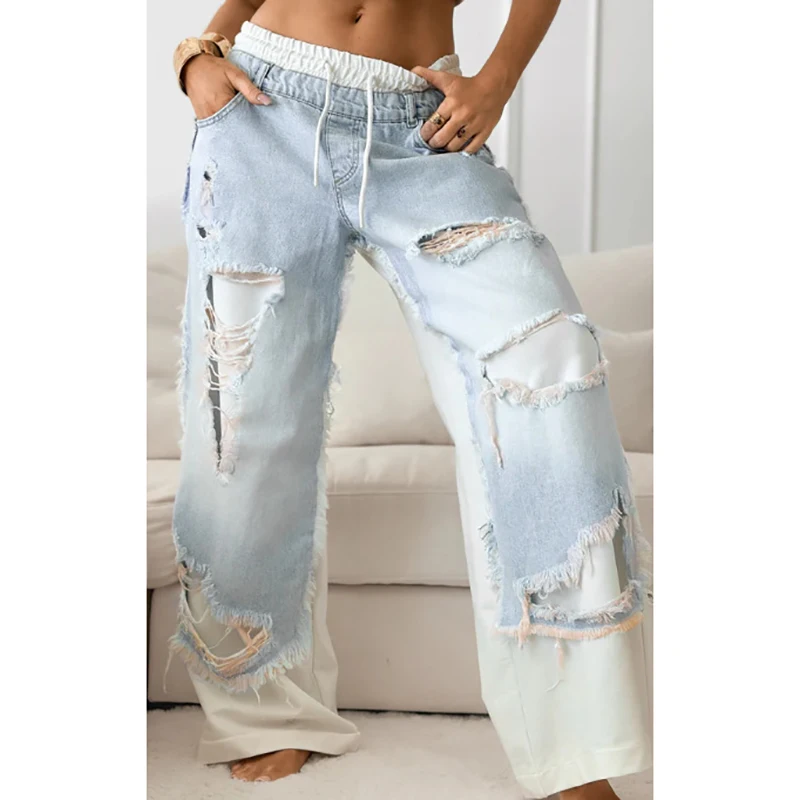 Trendy Casual Patchwork Jeans Trouser Women Loose Drawstring Low Waist Pockets Zipper Straight Leg Lady Street Pants Spring