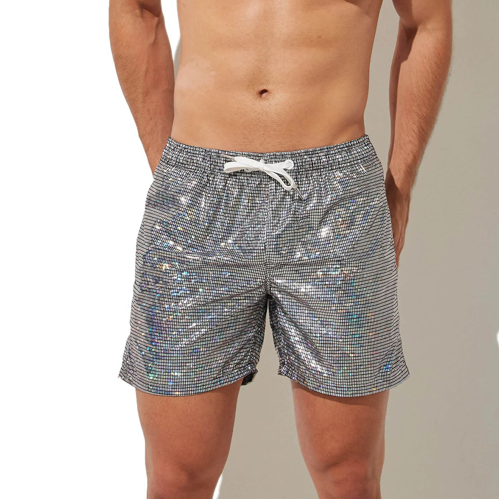 Men's Trend Breathable Shiny Metallic Print Loose Beach Pants Drawstring Casual Sweatpants Men's shorts Male Clothes Beach tiki