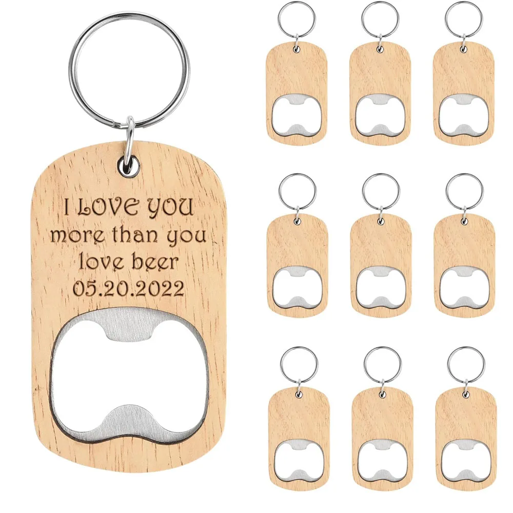 

50Pcs Custom Wooden Keychain Bottle Opener Blank Wood Engraving Bulk Key Chain Unfinished Key Tag for Party Favor DIY Gift Craft