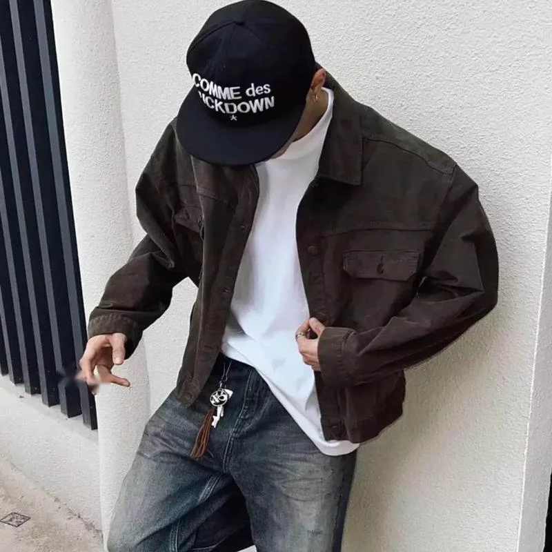 HKSH Spring New Men Vintage Washed Safari Style Textured Cotton Corduroy Old Money Casual Jacket Trendy Brand Women Chic HK21710