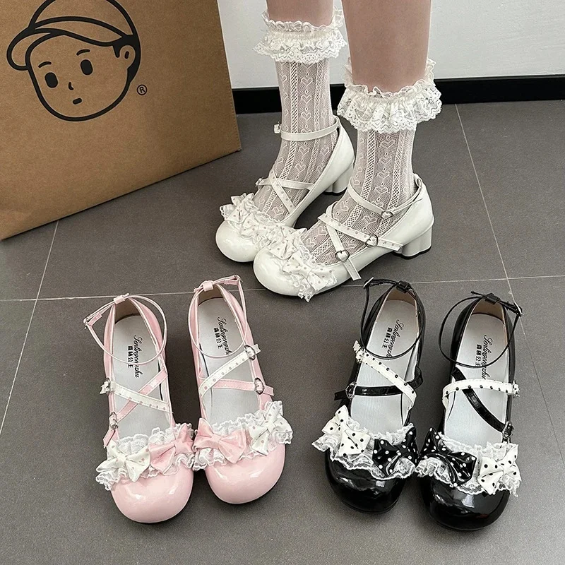 Harajuku Sweet Lolita Princess Mary Jane Shoes Women Lace Ruffle Bowknot Polka Dot Round Toe Low Block Heel Pumps For Daily New