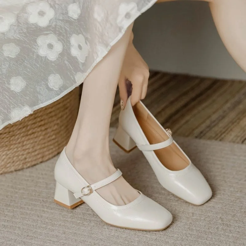 Mary Jane Single Shoes Women's 2026 Spring and Autumn New Style Square Head Coarse Heel Bridesmaid Style Commuting Work Shoes