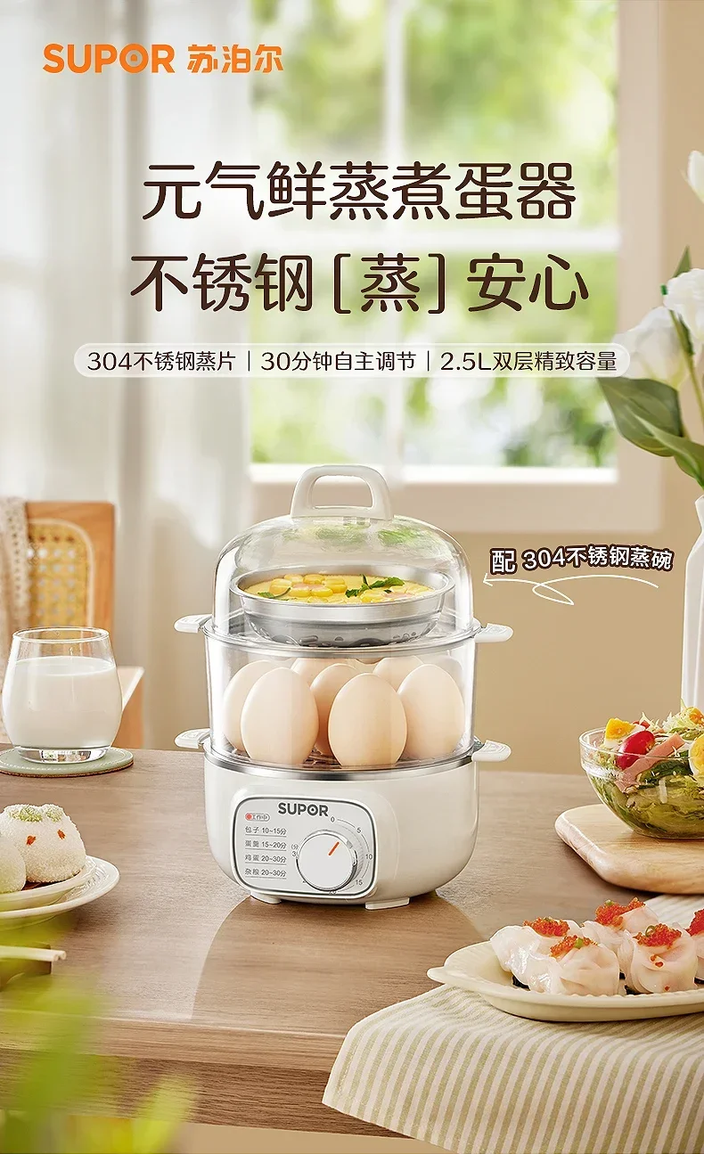 220V Automatic Egg Boiler and Steamer with Timer and Double-Layered Stainless Steel Design for Breakfast