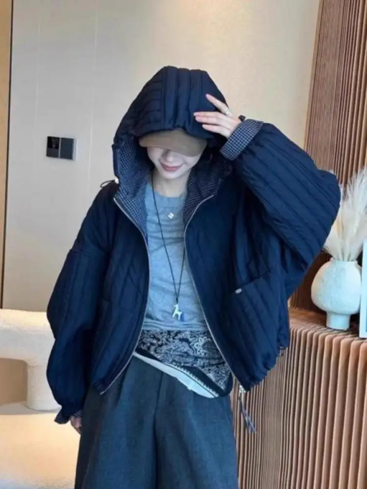 

Осень-зима, бежевое, синее лоскутное клетчатое универсальное короткое хлопковое пальто с длинными рукавами, женский кардиган с капюшоном, топы на молнии, уличная одежда