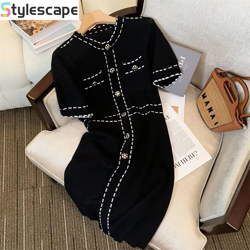 Slimming Knitted Dress for Women's Summer 2024 New High End Look with a Cinched Waist and Slimming Temperament Party Dresse