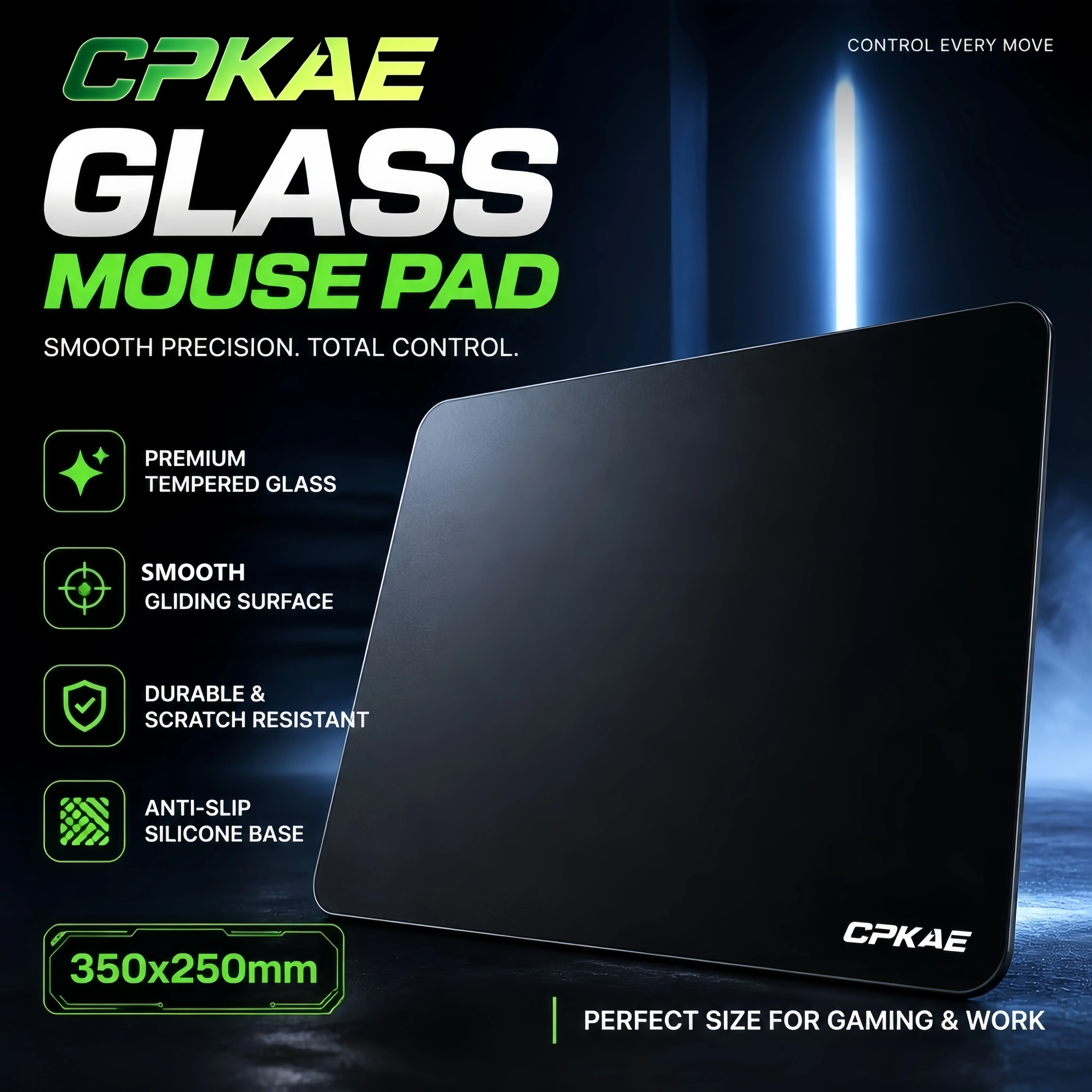 cpkae-eスポーツグレードのマイクロエッチング加工防水ガラス製マウスパッドは、滑り止めゴムベースを備え、eスポーツのプロゲームに適しています。