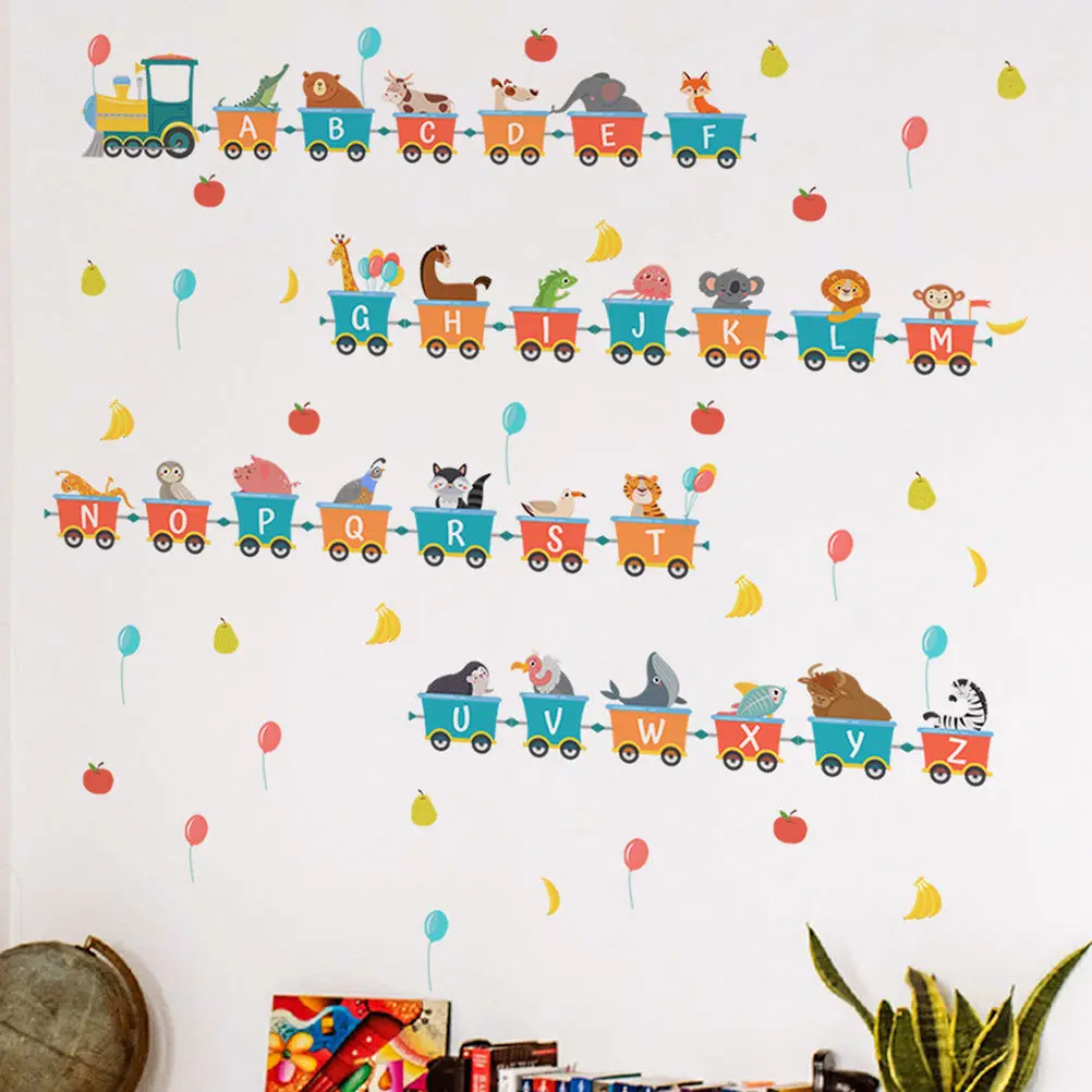 

2 Sheets Cartoon Train Modeling Alphabet Wall Stickers Educational Wall Decal Decorative English Alphabet Stickers for Kids Room