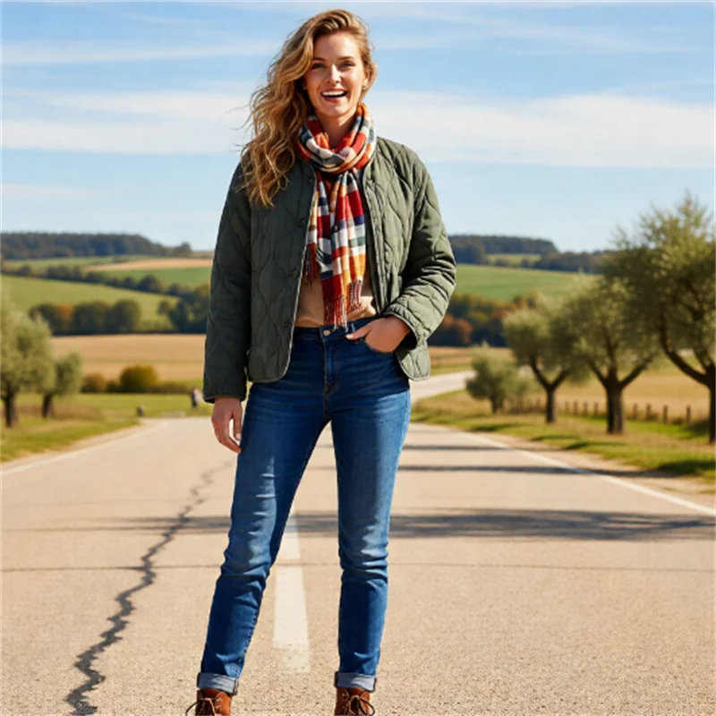 

Новое поступление весны 2026, элегантная модная свободная повседневная стеганая куртка с круглым вырезом и длинными рукавами