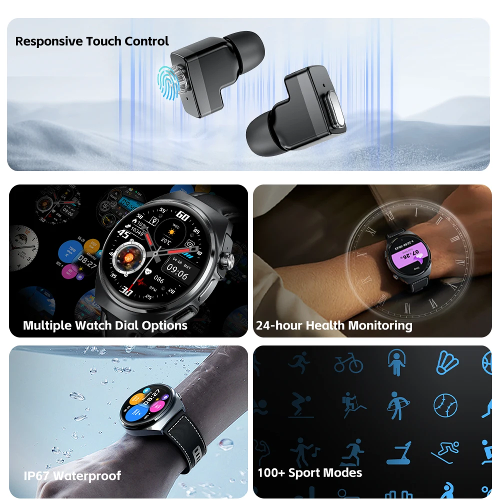 TWS 2-in-1 Smart Watch with Headphones Sports Play Music Bluetooth Headset Call Men Health Monitor NFC Women Smartwatch Earbuds