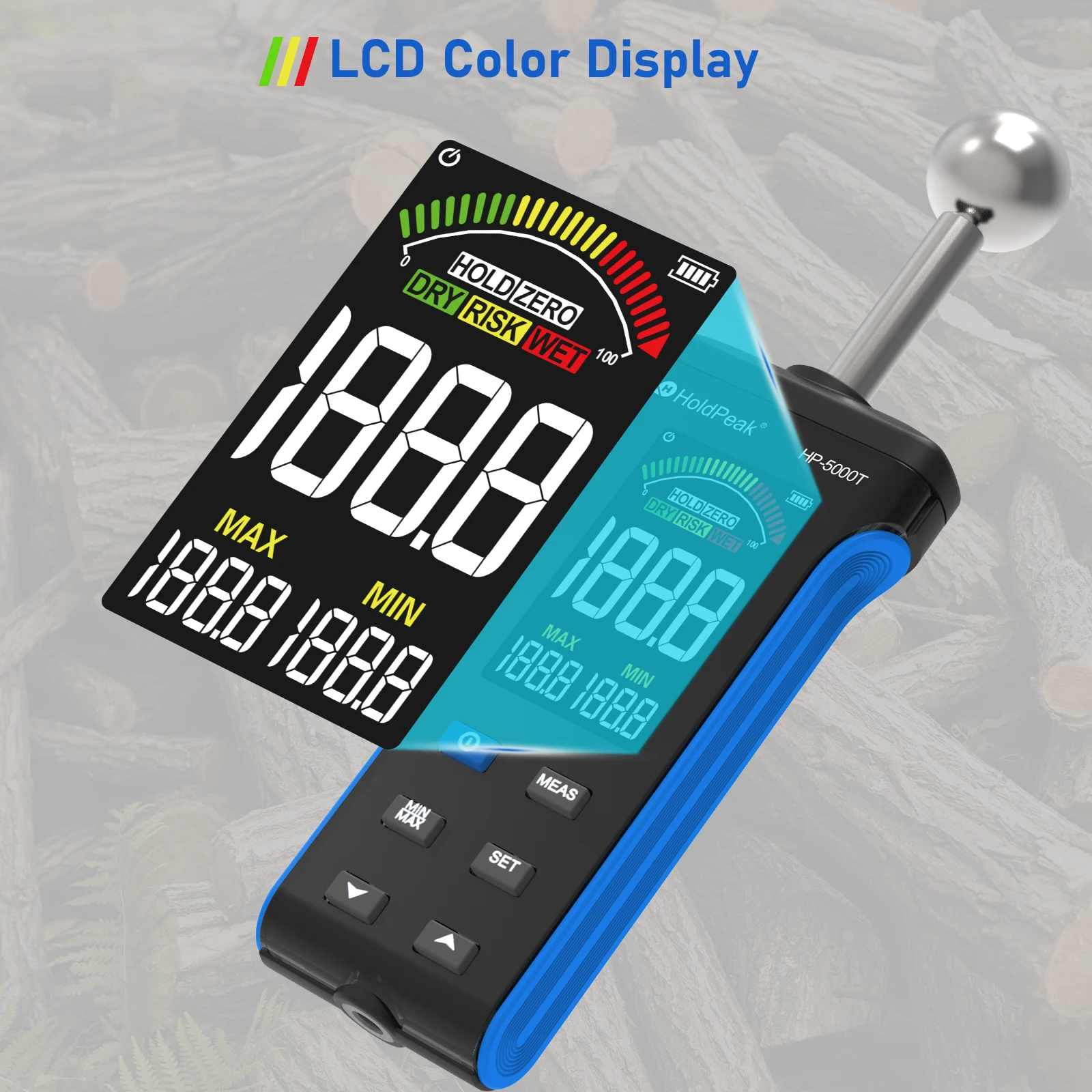 Imagem -04 - Holdpeak Digital Medidor de Umidade de Madeira sem Contato Timber Damp Detector Higrômetro de Tela Lcd Testador de Umidade de Alarme Pinless Detectar