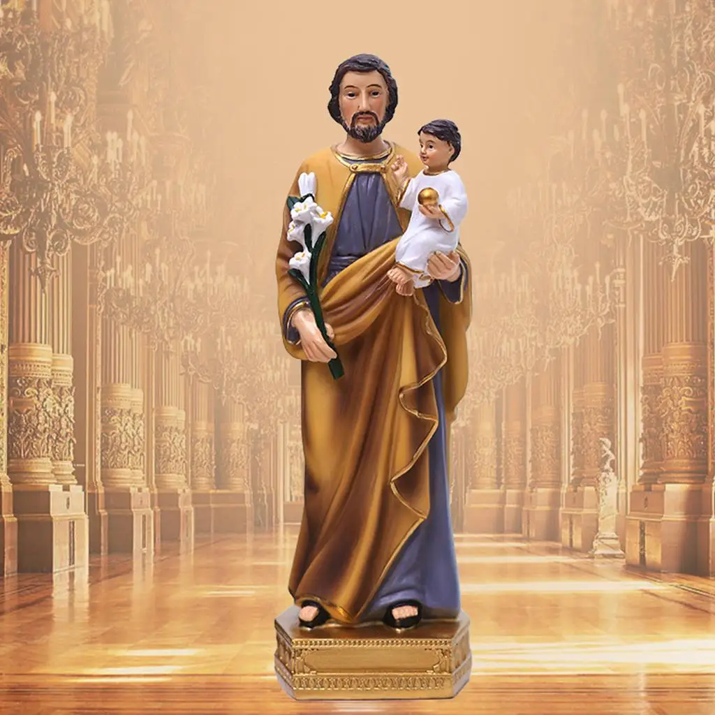 Saint Joseph Carrying Child Jesus Resin Statues Plate Base Family Religious Praying Figurines Sculpture Home Décor Ornament