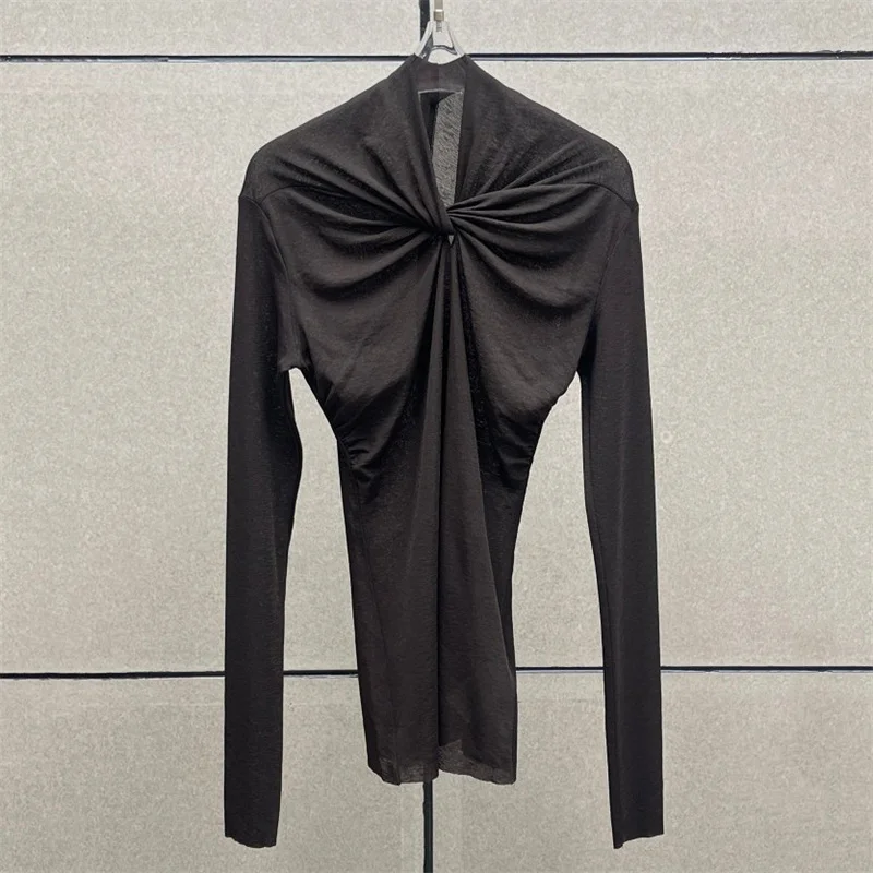 Women's t-shirt 2026 Spring new elastic slim fit long sleeved top Irregular women's tight corset semi transparent women's tops