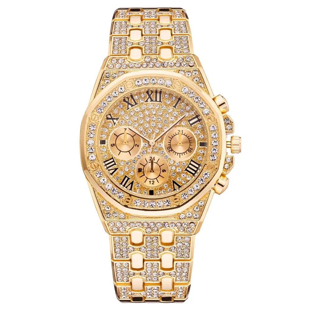 Men Luxury Diamond Watches  Gold Stainless Steel Quartz Wristwatches Fashionable Lady Noble QuartzClock Gift Relogio