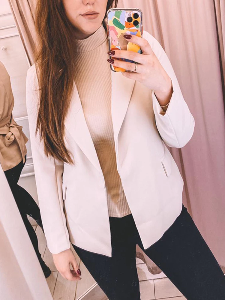 FTLZZ New Office Lady Turn-down Collar Sash Tie Up Blazer Elegant Female Beige Black Long Sleeve Blazer with Belt