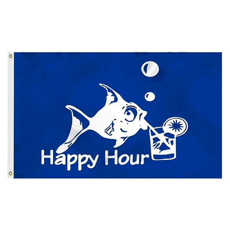 Happy Hour Blue Tipsy Fish Banner Flag 3x5 Ft Double Stitched Printe