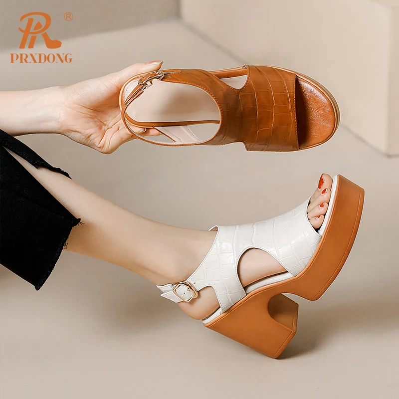 PRXDONG Women\'s Shoes New Brand Genuine Leather Summer Chunky High Heels Buckle Beige Brown Dress Party Casual Lady Sandals 39