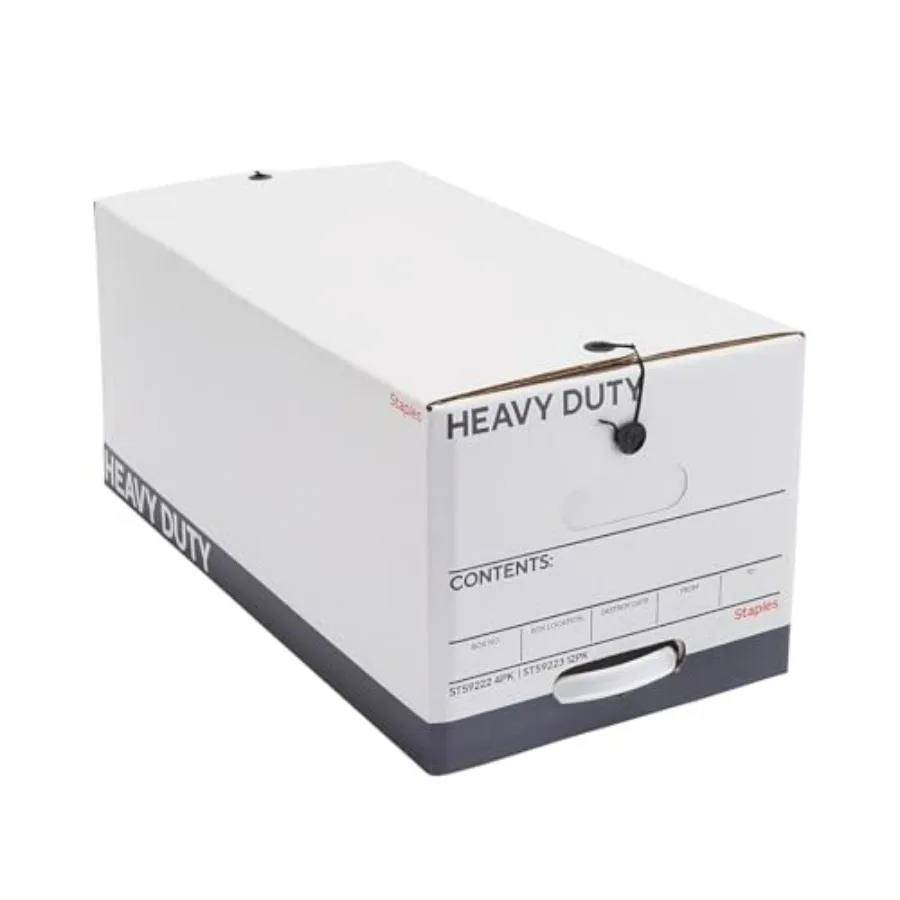 

Storage and Filing Box, Heavy-Duty with Handles and String-Button Lid, Documents, Stackable, 4-Pack, White/Gray